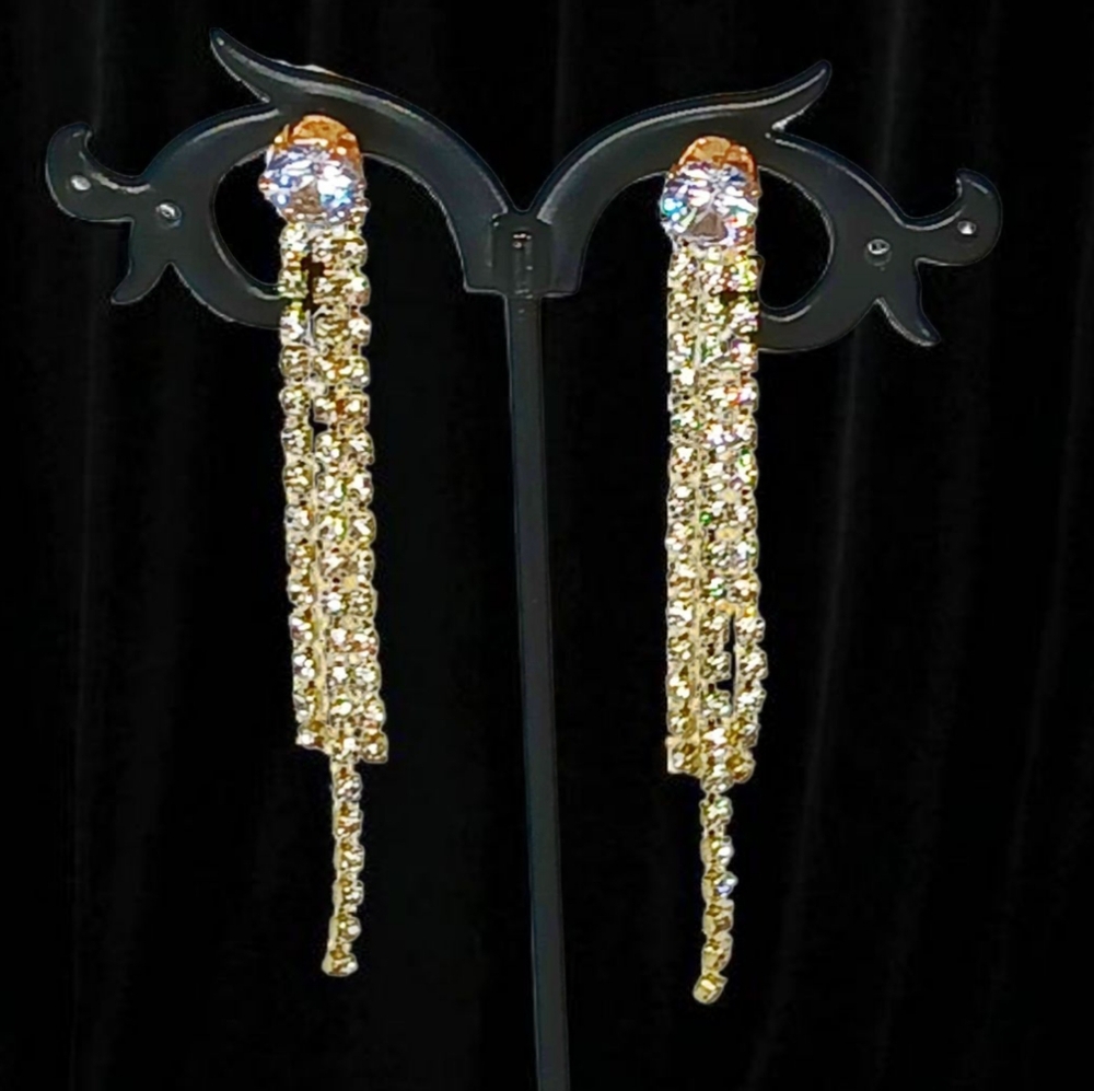 Diamond Stud Rhinestone Linear Drop Earrings Fringe Modern Retro Glam Showgirl